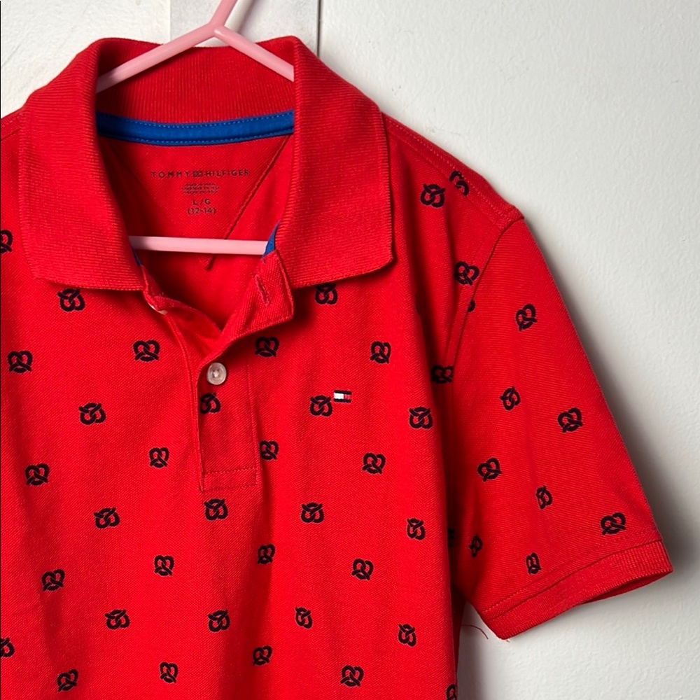 Tommy Hilfiger Red Polo Shirt with Black Pretzel Knot Pattern
